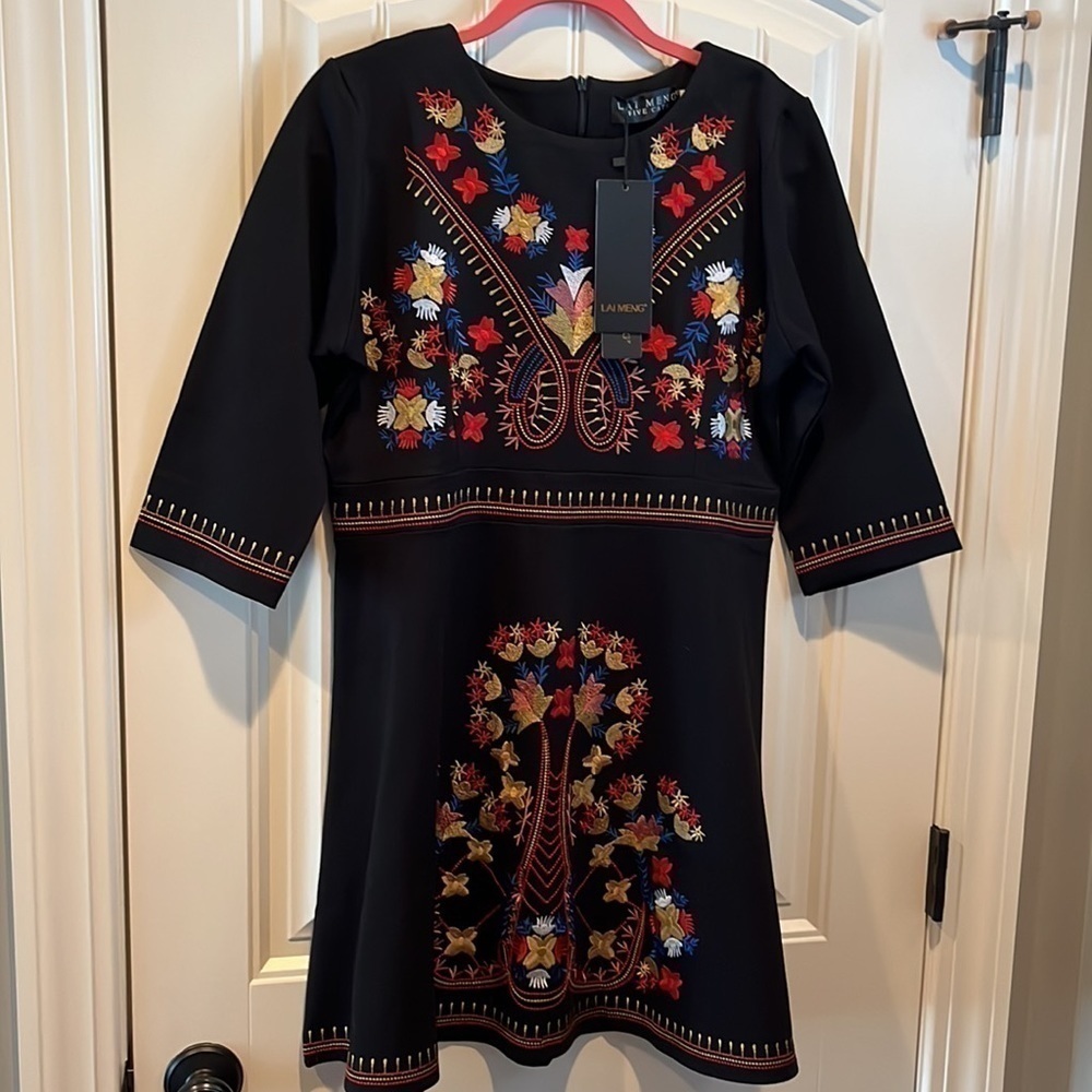 Beautiful embroidered  3/4 sleeve Lai Meng five cats dress NWT XL boho hippie